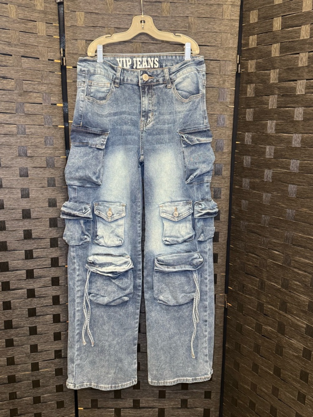 VIP Women’s Light Blue Cargo, Baggy, Straight-Leg, Multiple Pocket Denim Jeans